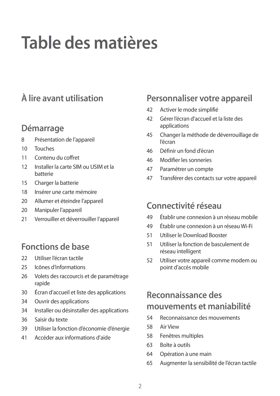 Samsung SM-G900FZBAXEF, SM-G900FZWABOG, SM-G900FZKABOG, SM-G900FZKAFTM Table des matières, Lire avant utilisation Démarrage 