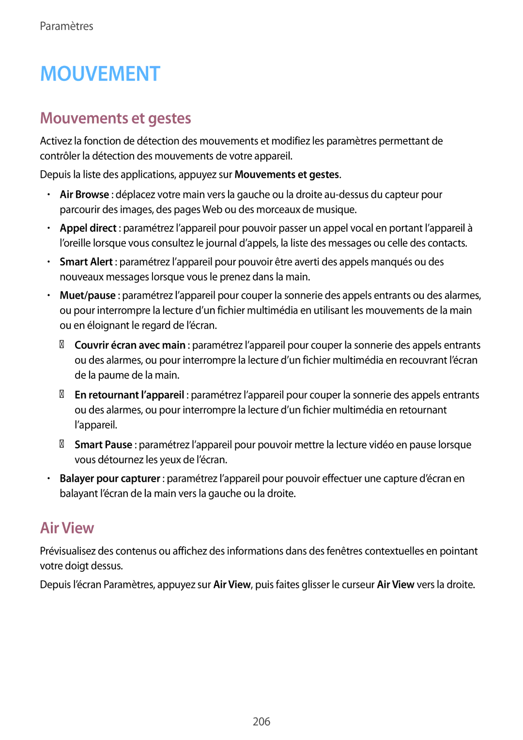 Samsung SM-G900FZWAXEF, SM-G900FZWABOG, SM-G900FZKABOG, SM-G900FZBAXEF, SM-G900FZKAFTM manual Mouvements et gestes, Air View 