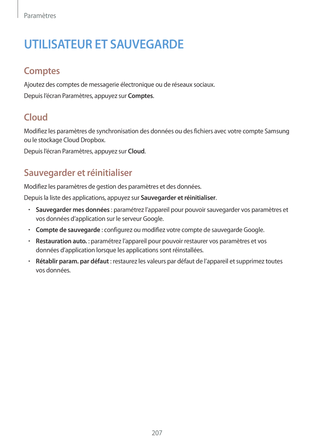 Samsung SM-G900FZDAXEF, SM-G900FZWABOG, SM-G900FZKABOG, SM-G900FZBAXEF manual Comptes, Cloud, Sauvegarder et réinitialiser 