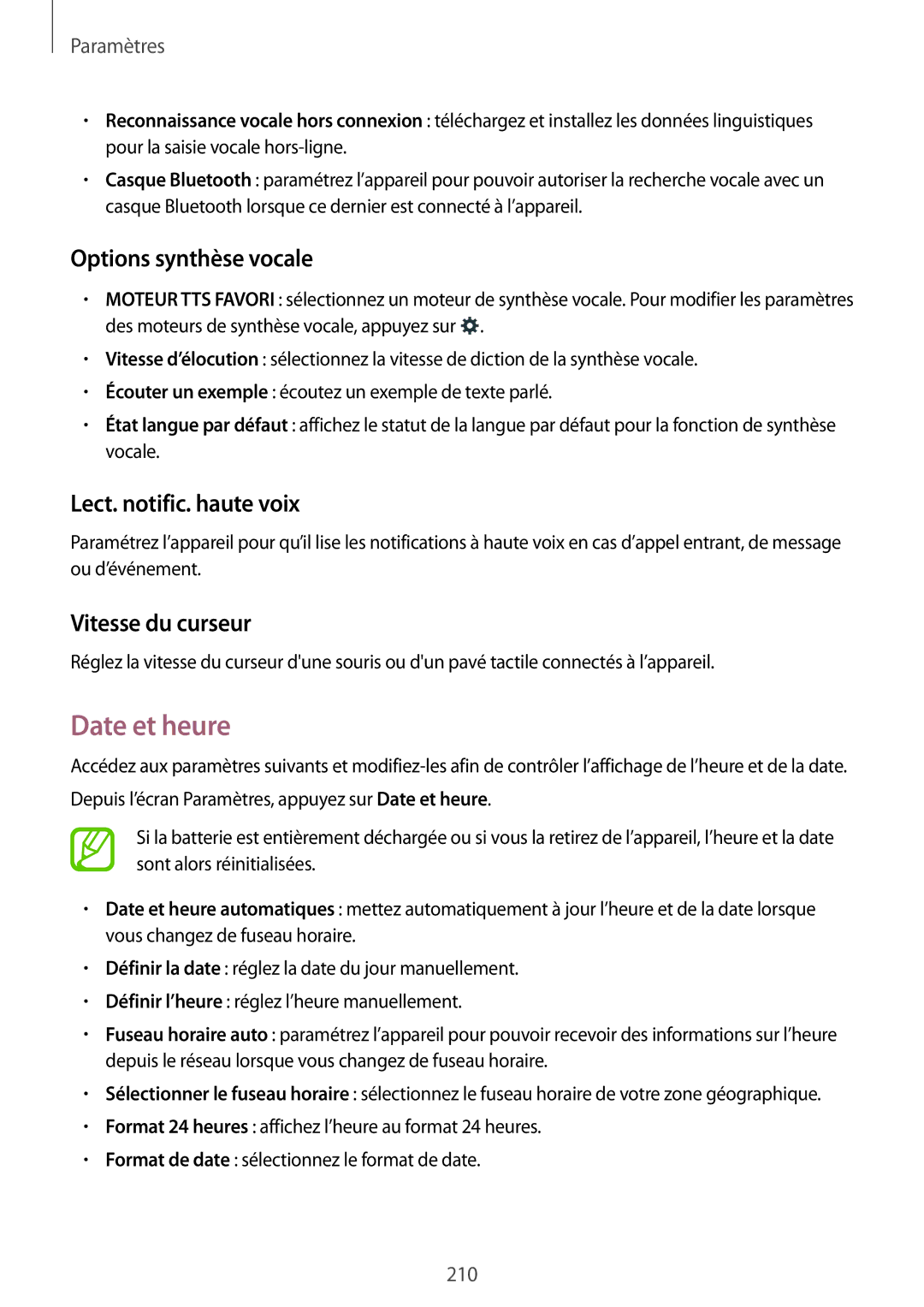 Samsung SM-G900FZWAFTM manual Date et heure, Options synthèse vocale, Lect. notific. haute voix, Vitesse du curseur 