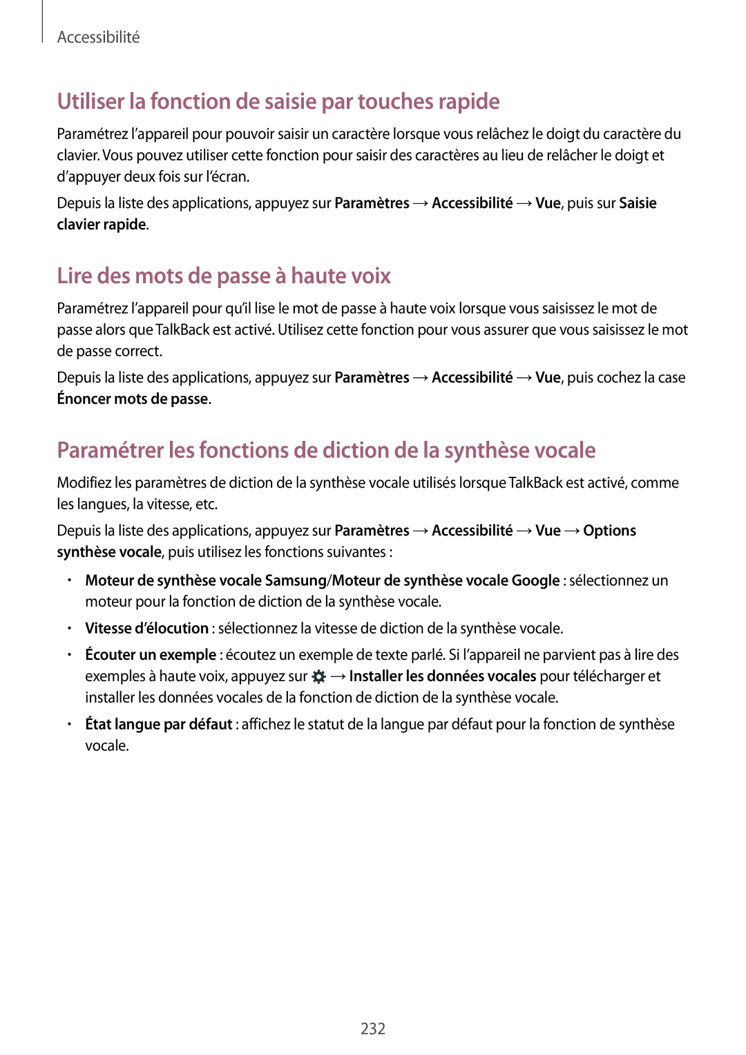 Samsung SM-G900FZWASFR manual Utiliser la fonction de saisie par touches rapide, Lire des mots de passe à haute voix 