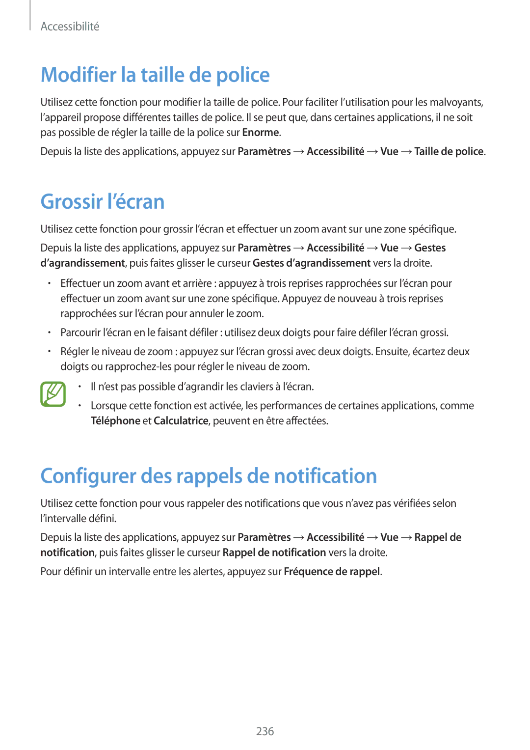 Samsung SM-G900FZKANRJ manual Modifier la taille de police, Grossir l’écran, Configurer des rappels de notification 