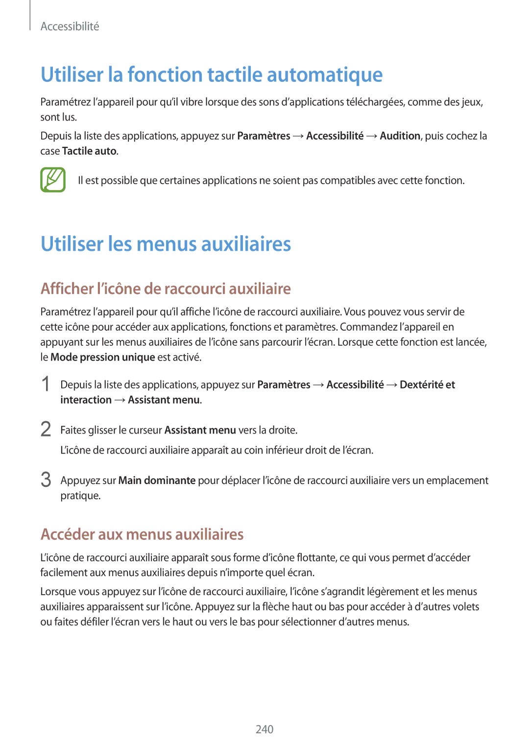 Samsung SM-G900FZWABOG, SM-G900FZKABOG manual Utiliser la fonction tactile automatique, Utiliser les menus auxiliaires 