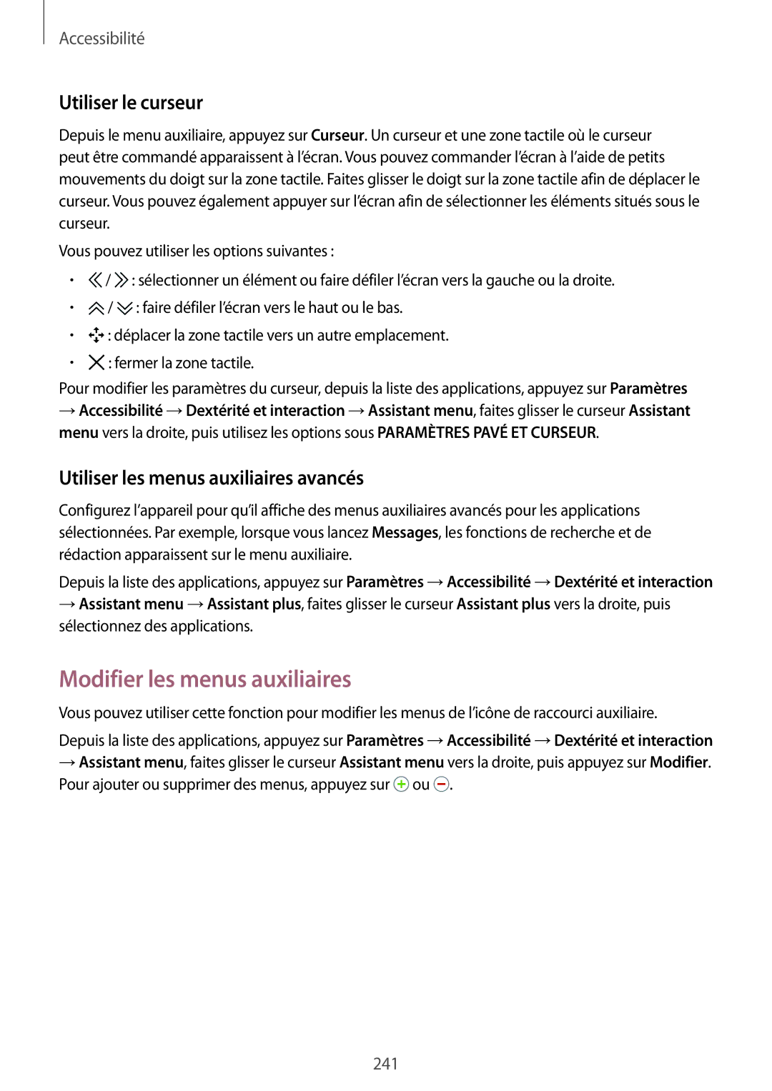Samsung SM-G900FZKABOG manual Modifier les menus auxiliaires, Utiliser le curseur, Utiliser les menus auxiliaires avancés 