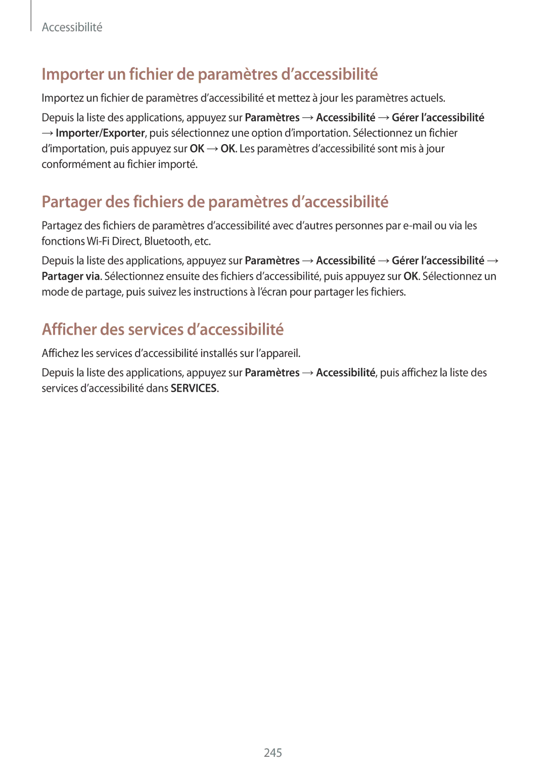 Samsung SM-G900FZBASFR manual Importer un fichier de paramètres d’accessibilité, Afficher des services d’accessibilité 