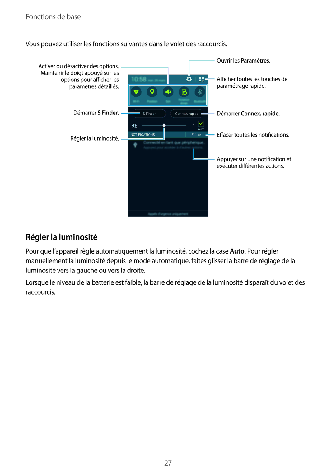 Samsung SM-G900FZDAXEF, SM-G900FZWABOG, SM-G900FZKABOG, SM-G900FZBAXEF manual Régler la luminosité, Démarrer Connex. rapide 