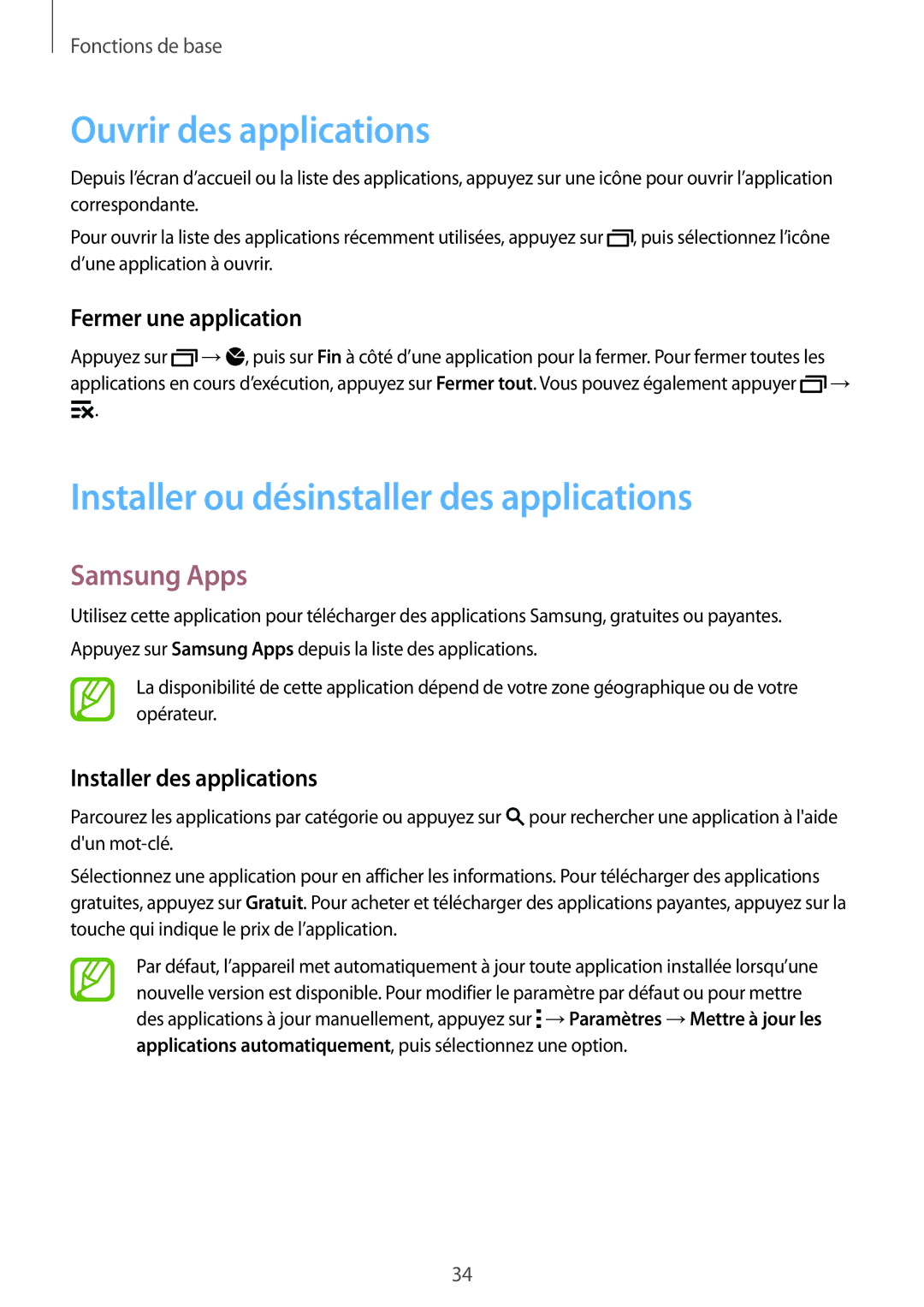 Samsung SM-G900FZKASFR, SM-G900FZWABOG Ouvrir des applications, Installer ou désinstaller des applications, Samsung Apps 