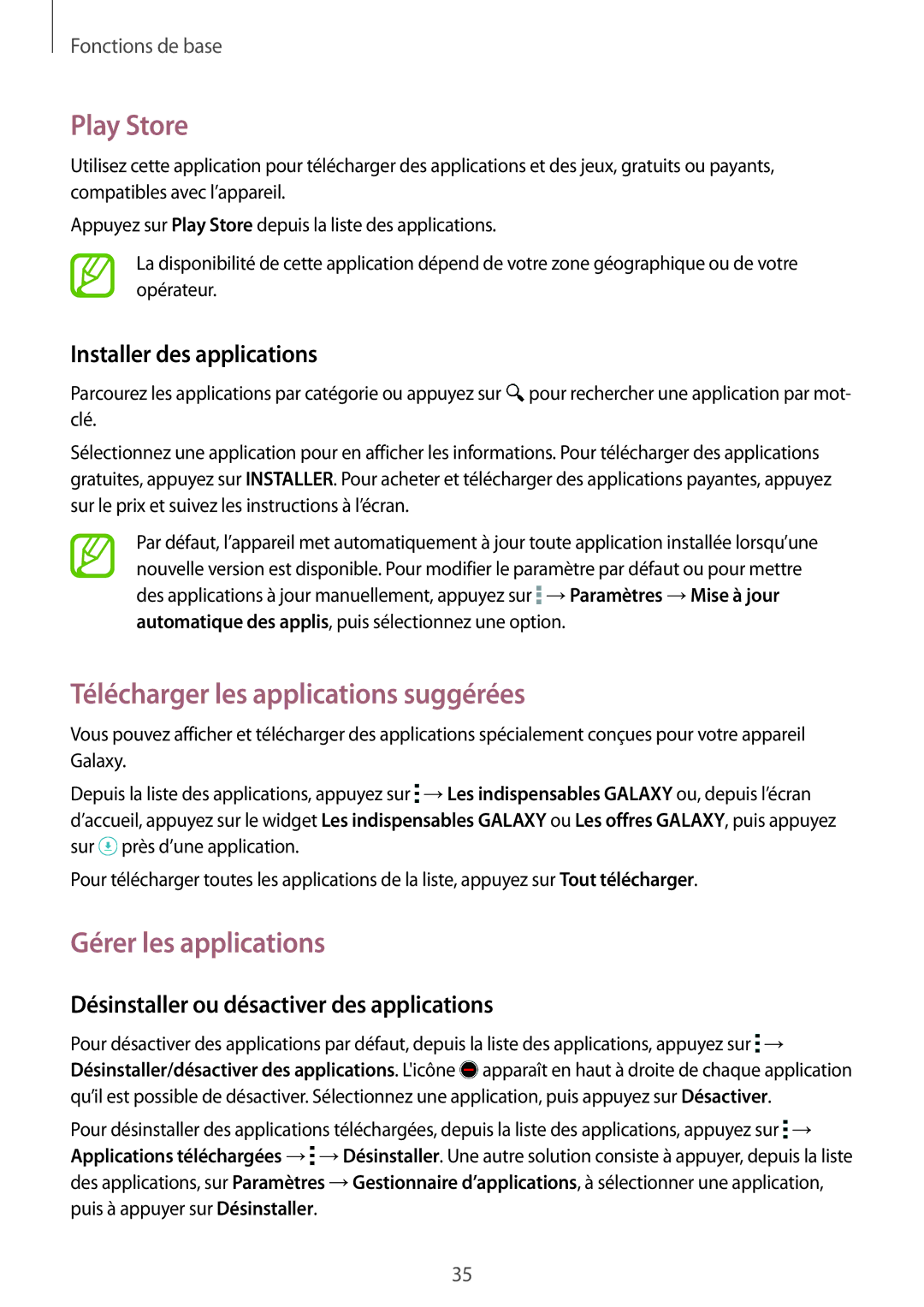 Samsung SM-G900FZWANRJ, SM-G900FZWABOG manual Play Store, Télécharger les applications suggérées, Gérer les applications 