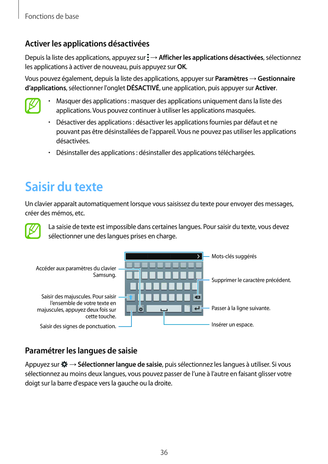 Samsung SM-G900FZKANRJ manual Saisir du texte, Activer les applications désactivées, Paramétrer les langues de saisie 