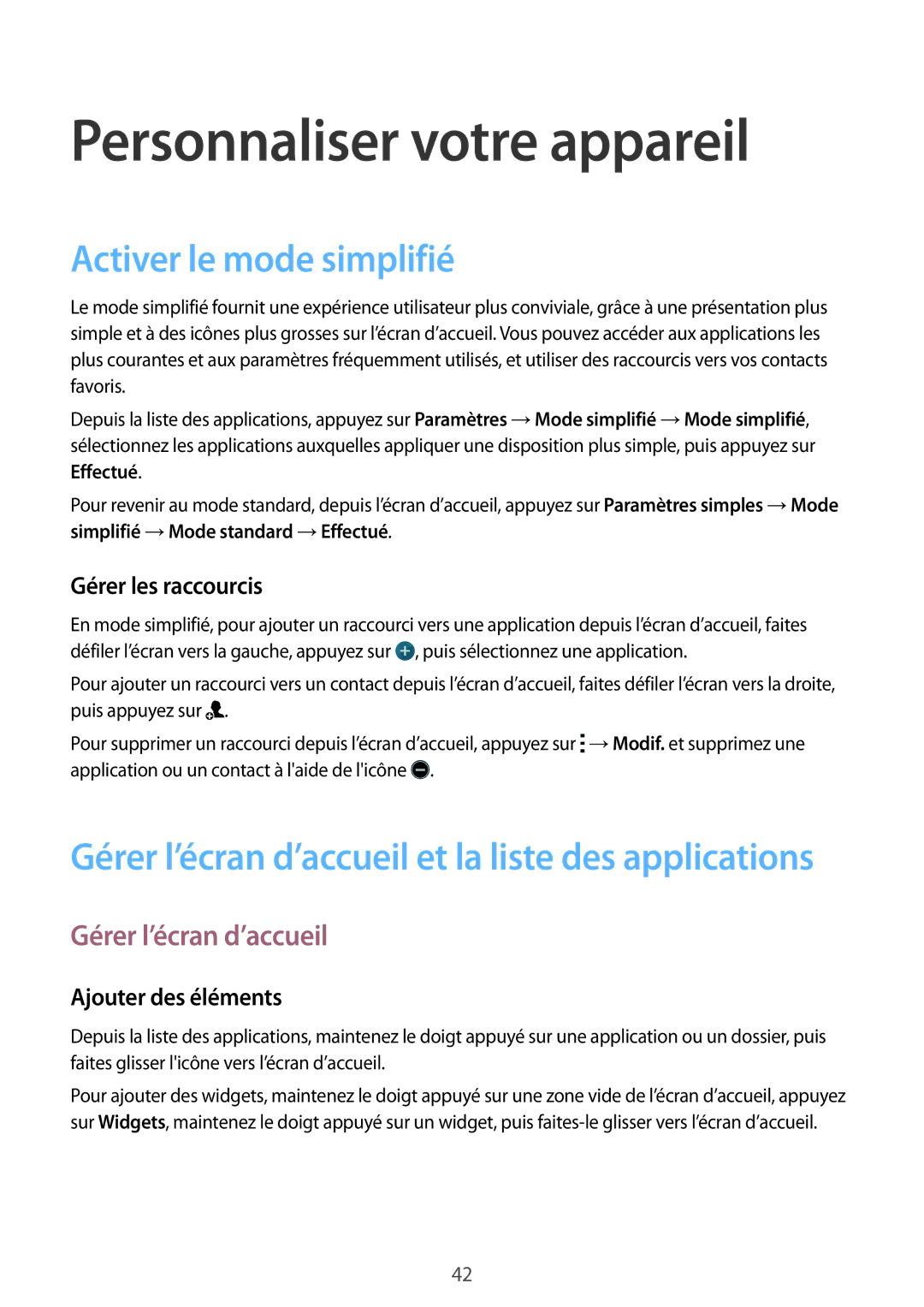 Samsung SM-G900FZBAXEF, SM-G900FZWABOG Personnaliser votre appareil, Activer le mode simplifié, Gérer l’écran d’accueil 