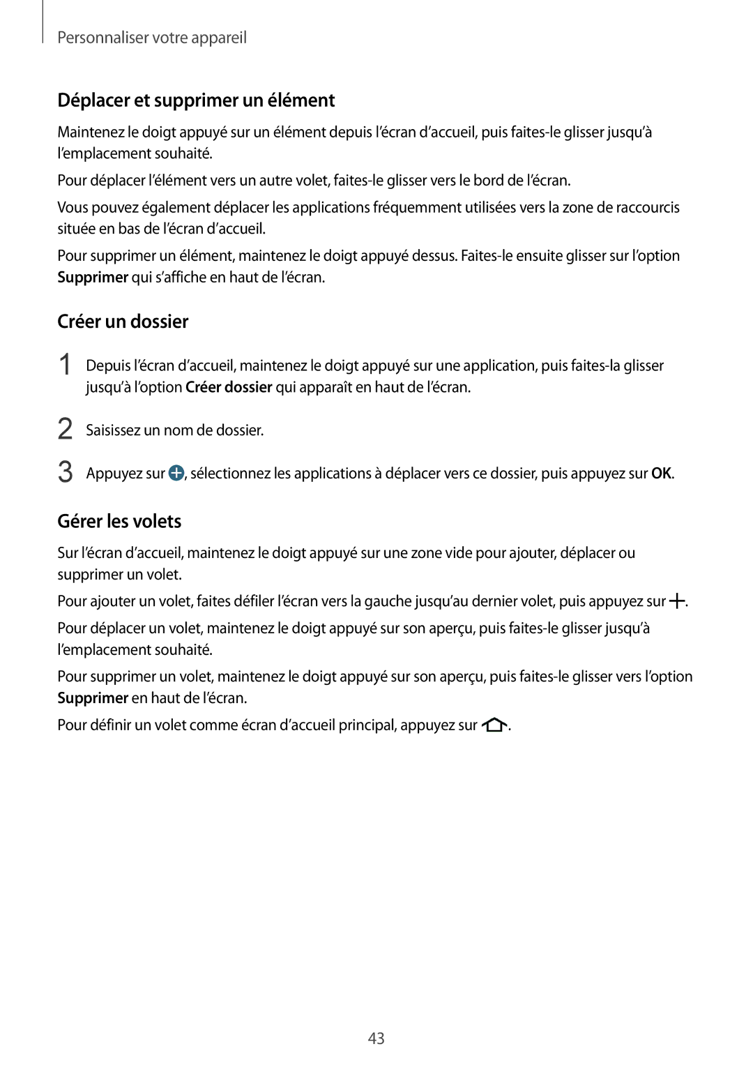 Samsung SM-G900FZKAFTM, SM-G900FZWABOG, SM-G900FZKABOG Déplacer et supprimer un élément, Créer un dossier, Gérer les volets 