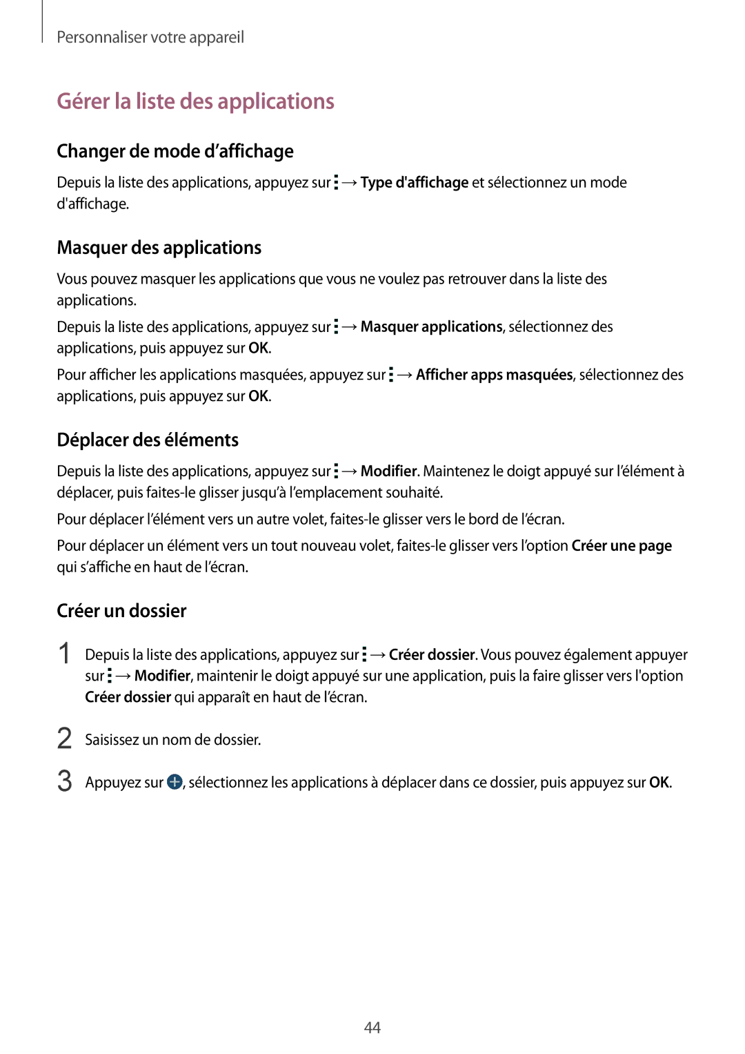 Samsung SM-G900FZDAFTM manual Gérer la liste des applications, Changer de mode d’affichage, Masquer des applications 