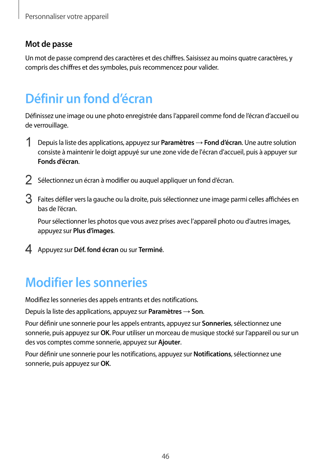 Samsung SM-G900FZWAXEF, SM-G900FZWABOG, SM-G900FZKABOG manual Définir un fond d’écran, Modifier les sonneries, Mot de passe 