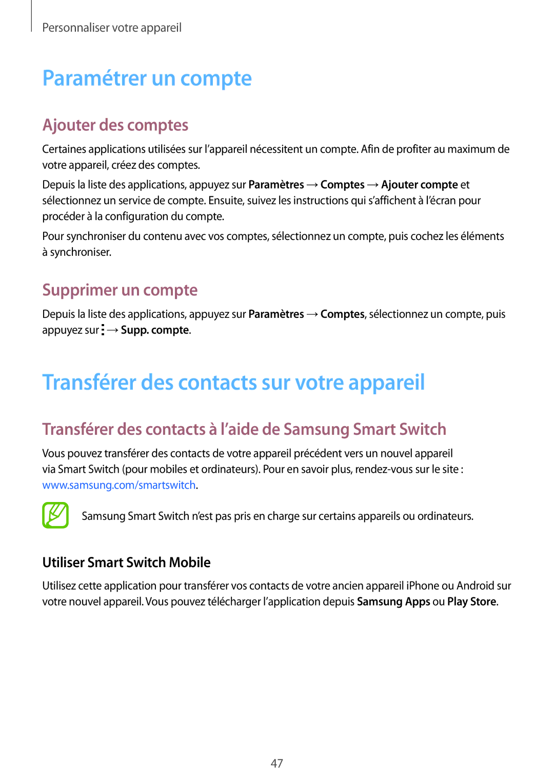 Samsung SM-G900FZDAXEF manual Paramétrer un compte, Transférer des contacts sur votre appareil, Ajouter des comptes 