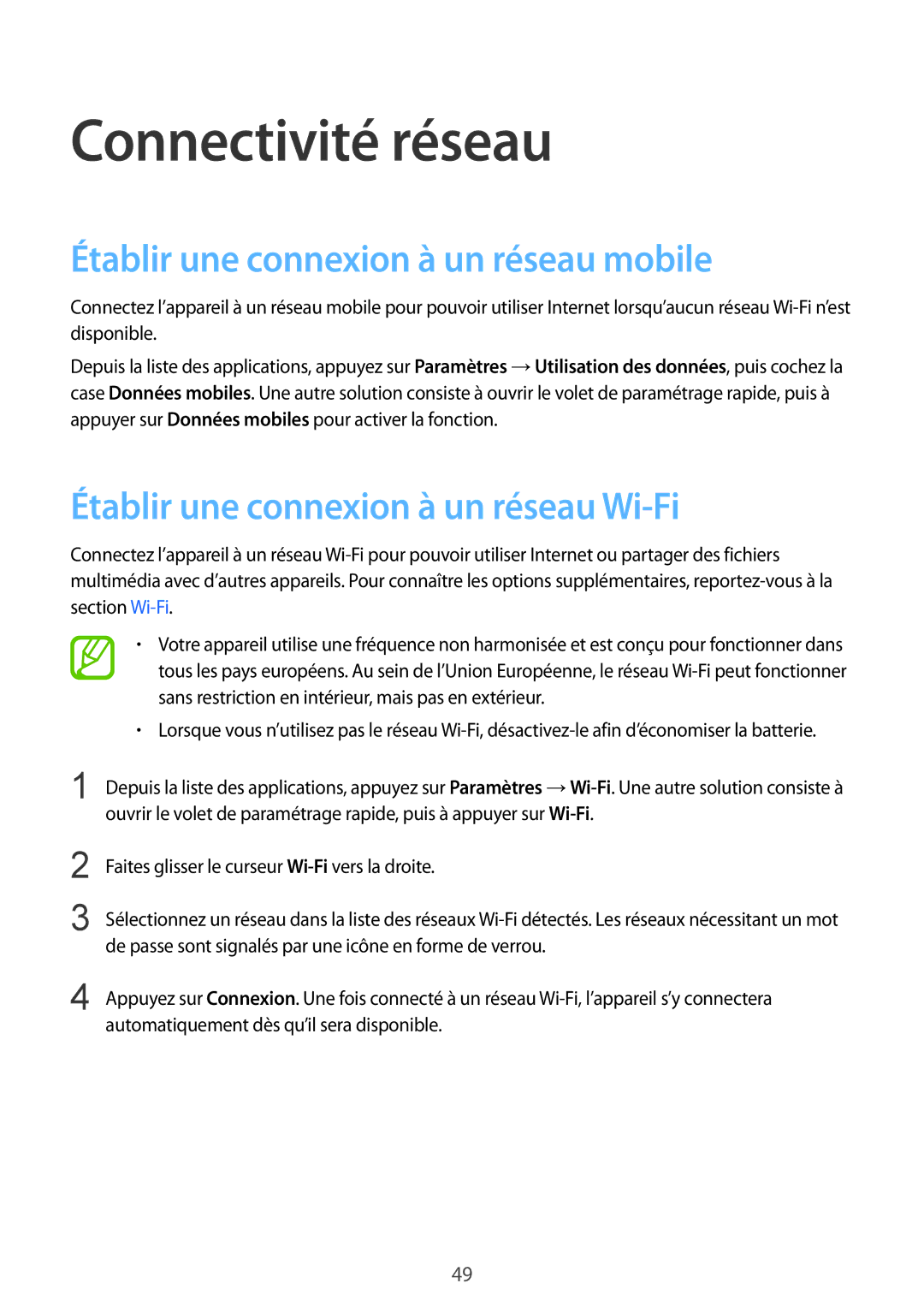 Samsung SM-G900FZWAVGF, SM-G900FZWABOG, SM-G900FZKABOG manual Connectivité réseau, Établir une connexion à un réseau mobile 