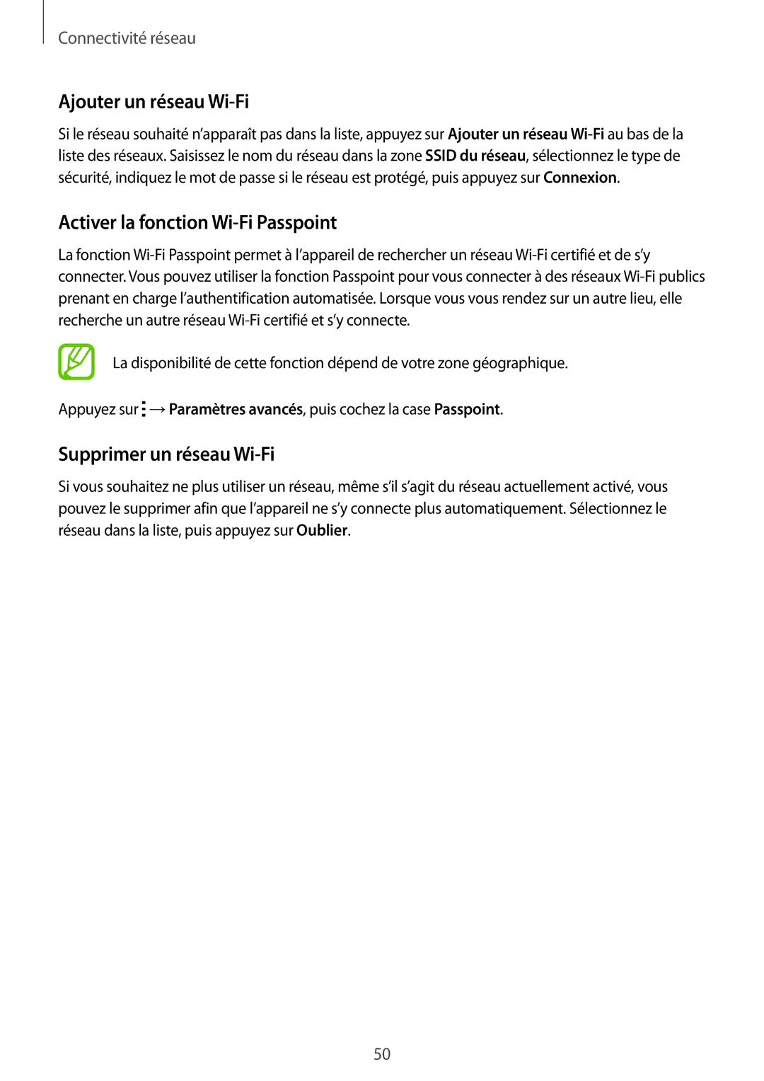 Samsung SM-G900FZWAFTM manual Ajouter un réseau Wi-Fi, Activer la fonction Wi-Fi Passpoint, Supprimer un réseau Wi-Fi 