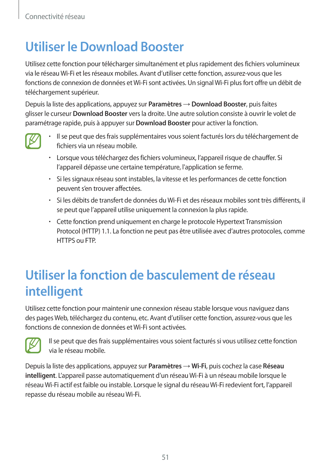 Samsung SM-G900FZKAXEF manual Utiliser le Download Booster, Utiliser la fonction de basculement de réseau intelligent 