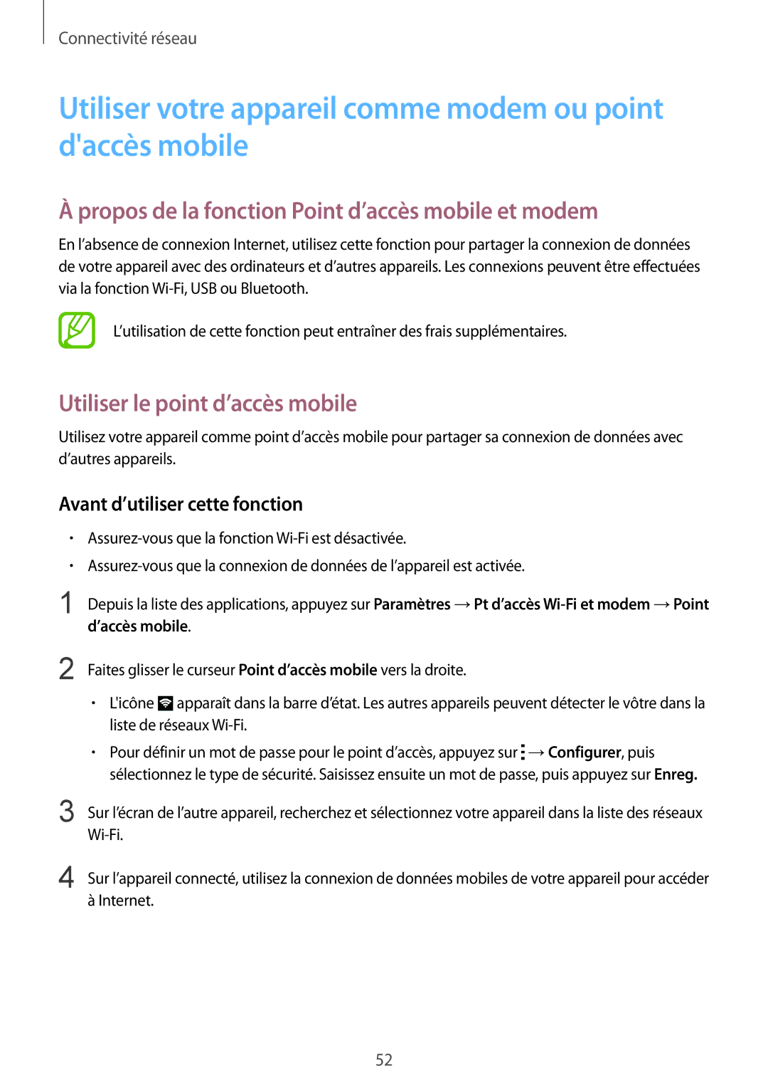 Samsung SM-G900FZWASFR manual Utiliser votre appareil comme modem ou point daccès mobile, Utiliser le point d’accès mobile 