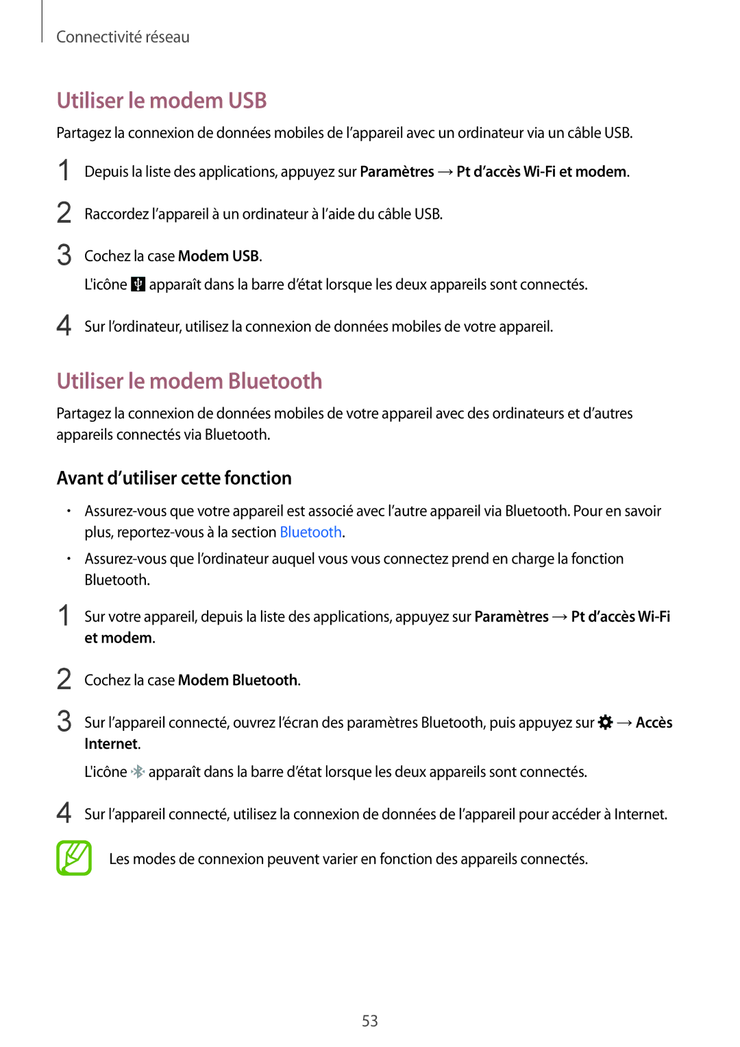 Samsung SM-G900FZKAVGF, SM-G900FZWABOG manual Utiliser le modem USB, Utiliser le modem Bluetooth, Et modem, Internet 