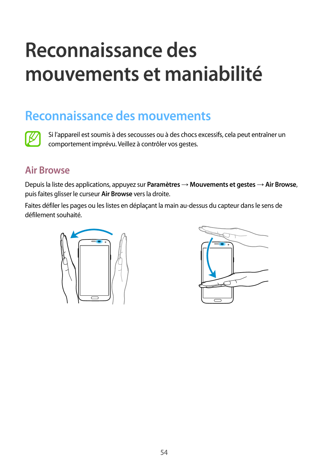 Samsung SM-G900FZKASFR, SM-G900FZWABOG, SM-G900FZKABOG, SM-G900FZBAXEF manual Reconnaissance des mouvements, Air Browse 