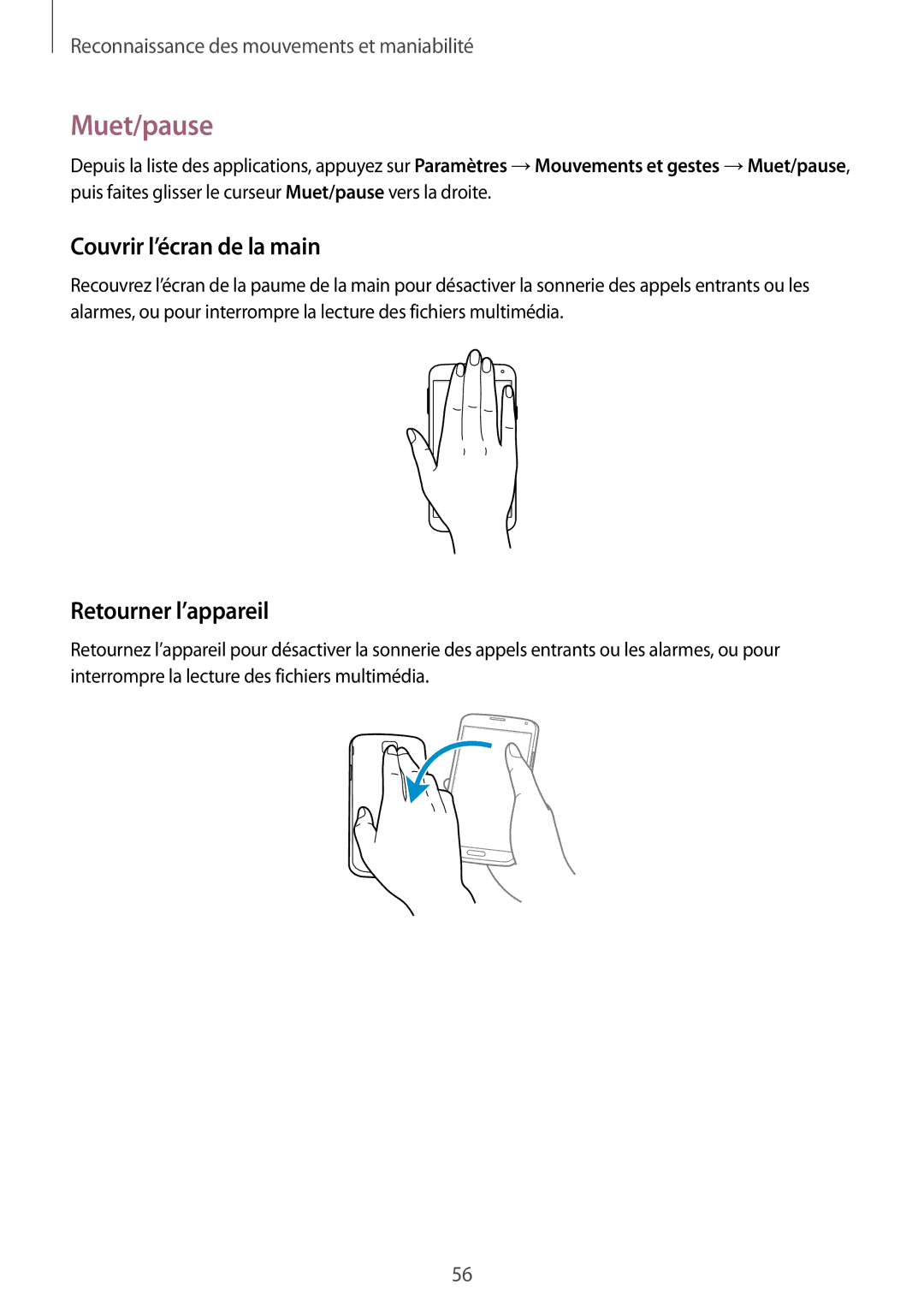 Samsung SM-G900FZKANRJ, SM-G900FZWABOG, SM-G900FZKABOG manual Muet/pause, Couvrir l’écran de la main, Retourner l’appareil 