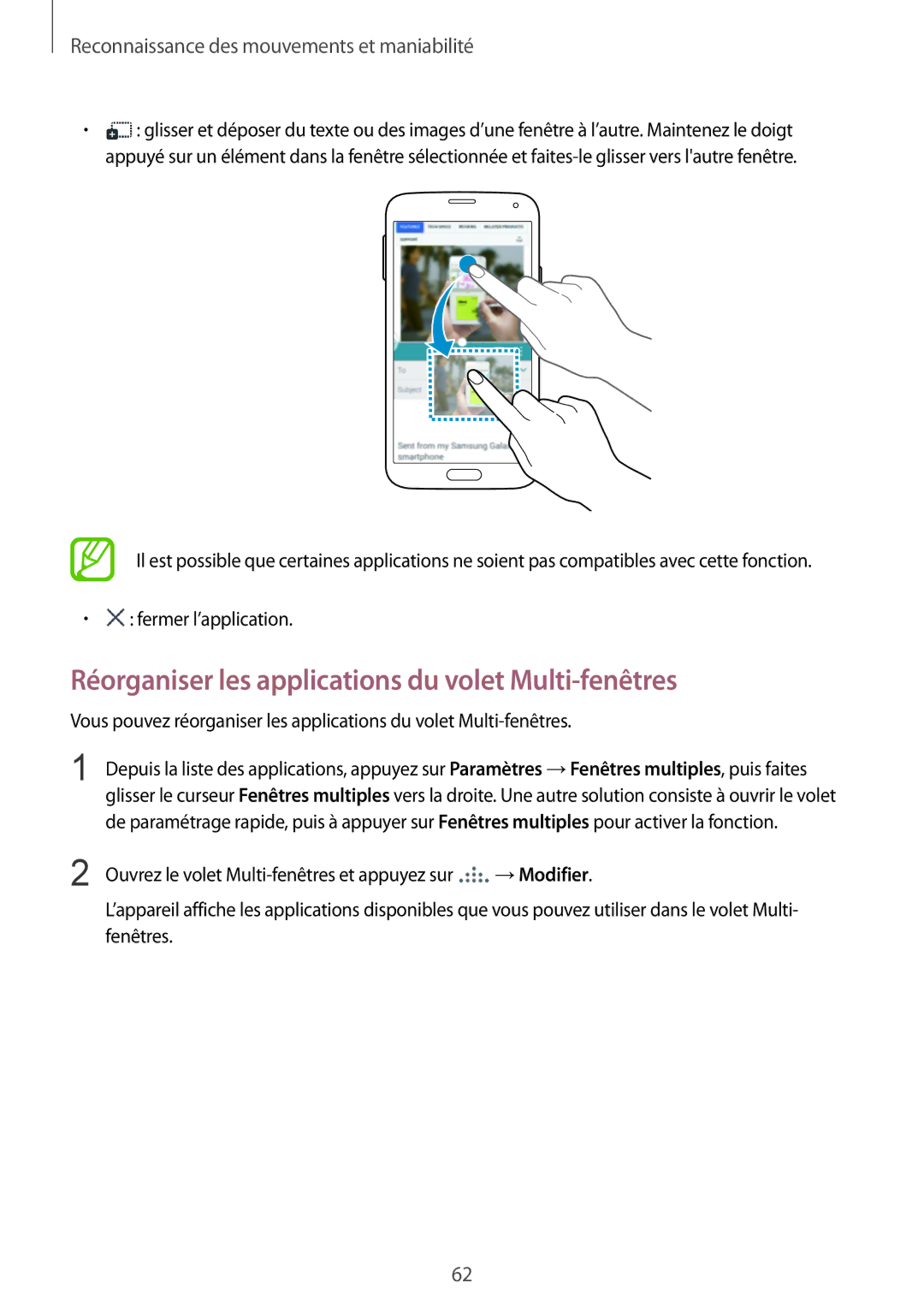 Samsung SM-G900FZBAXEF, SM-G900FZWABOG, SM-G900FZKABOG, SM-G900FZKAFTM Réorganiser les applications du volet Multi-fenêtres 