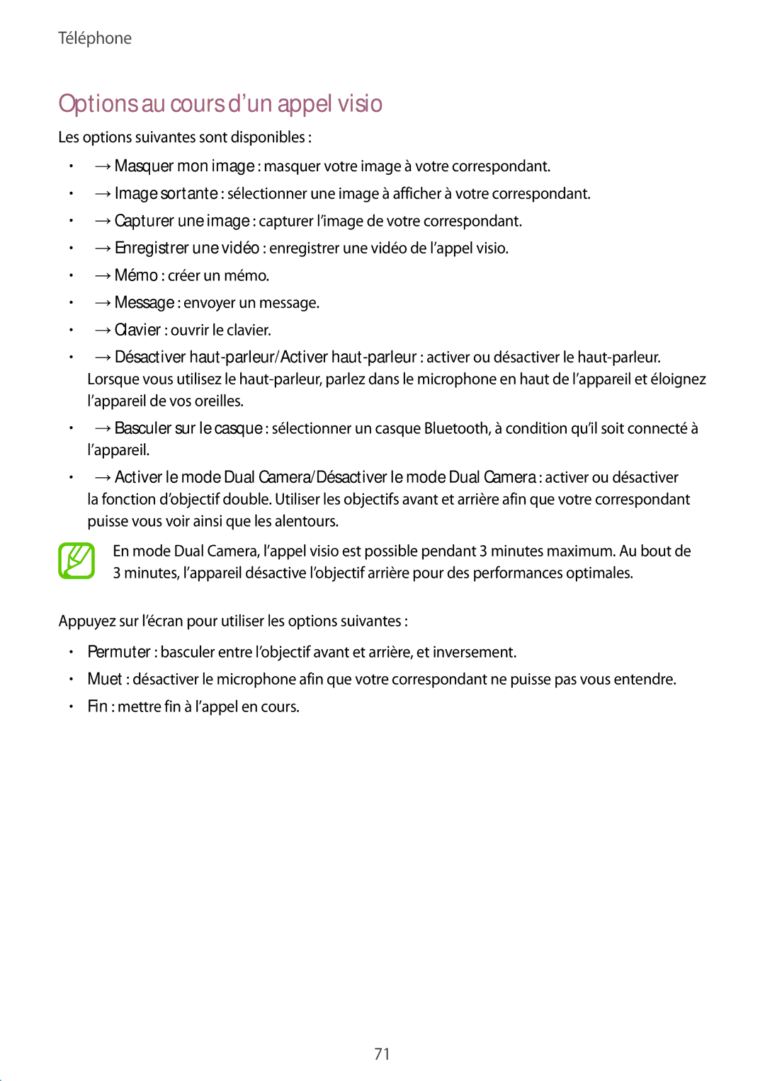 Samsung SM-G900FZKAXEF, SM-G900FZWABOG, SM-G900FZKABOG, SM-G900FZBAXEF, SM-G900FZKAFTM manual Options au cours d’un appel visio 