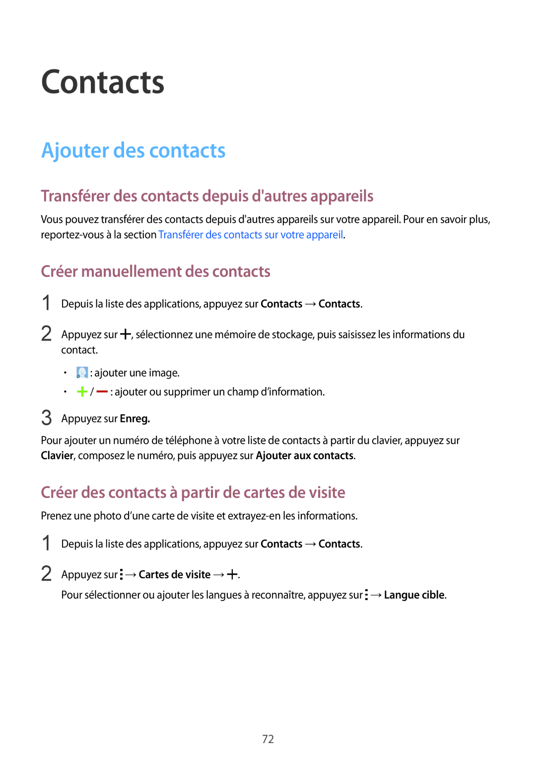 Samsung SM-G900FZWASFR, SM-G900FZWABOG Contacts, Ajouter des contacts, Transférer des contacts depuis dautres appareils 