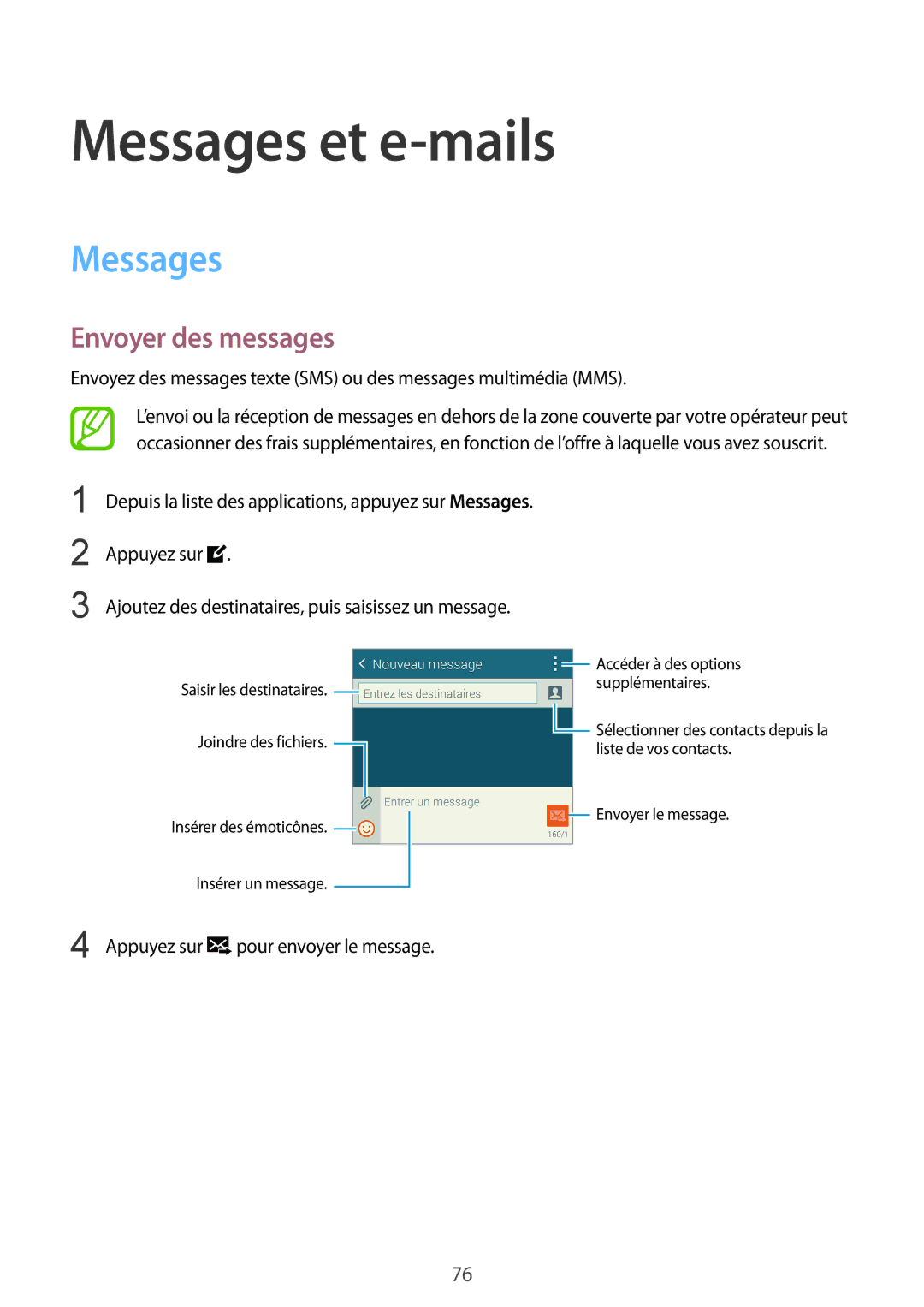 Samsung SM-G900FZKANRJ, SM-G900FZWABOG, SM-G900FZKABOG, SM-G900FZBAXEF manual Messages et e-mails, Envoyer des messages 