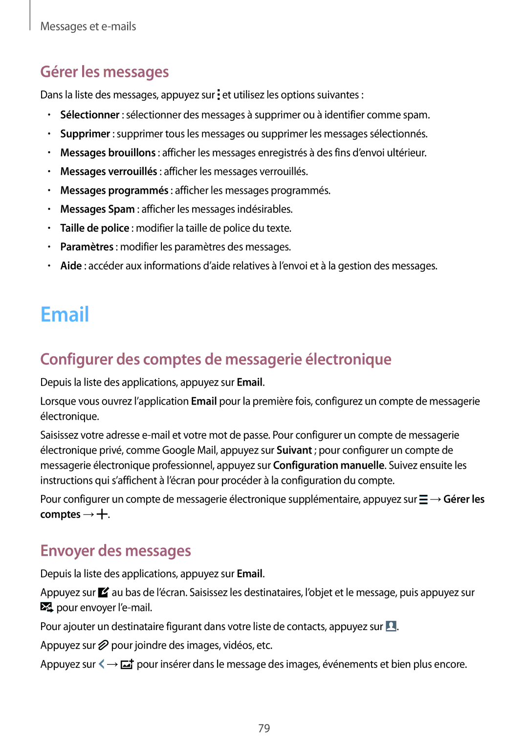 Samsung SM-G900FZBABOG, SM-G900FZWABOG manual Gérer les messages, Configurer des comptes de messagerie électronique 