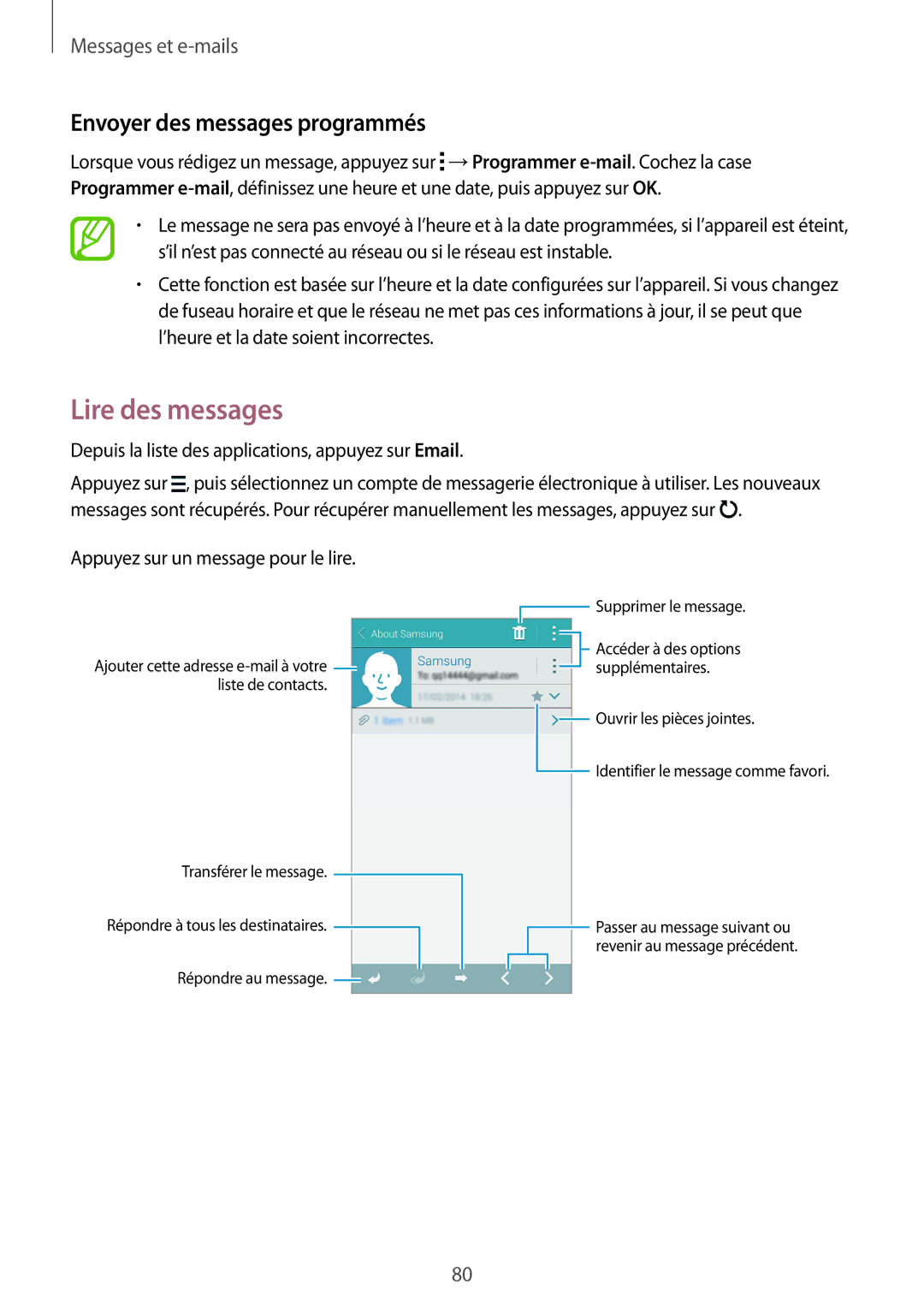 Samsung SM-G900FZWABOG, SM-G900FZKABOG manual Lire des messages, Depuis la liste des applications, appuyez sur Email 