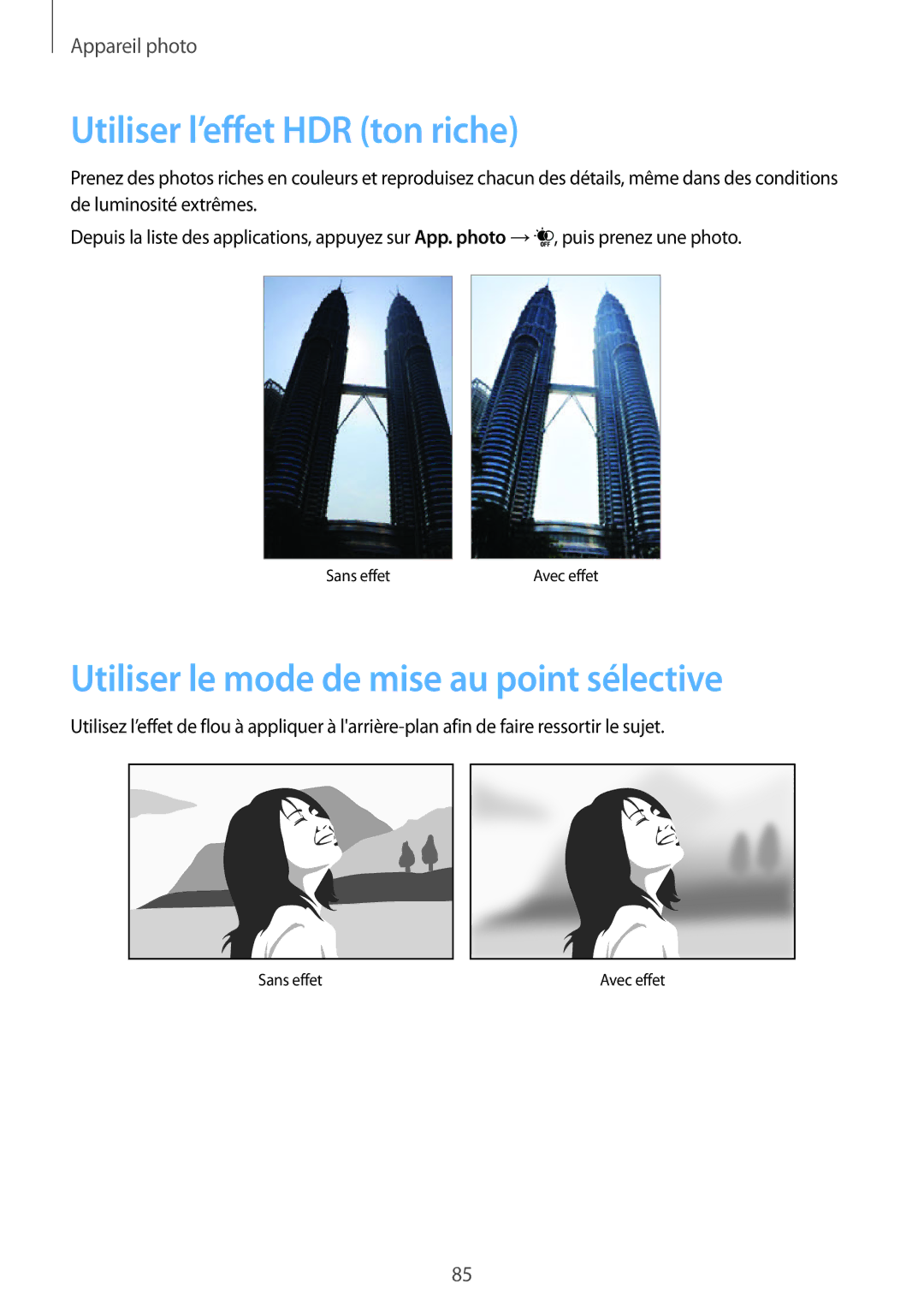 Samsung SM-G900FZBASFR, SM-G900FZWABOG manual Utiliser l’effet HDR ton riche, Utiliser le mode de mise au point sélective 