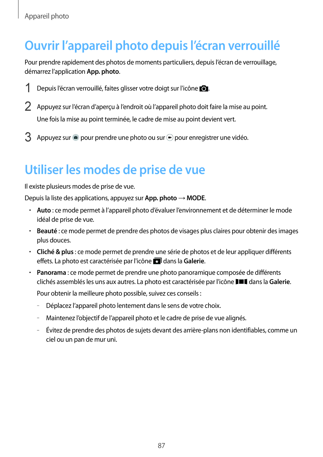 Samsung SM-G900FZDAXEF manual Utiliser les modes de prise de vue, Ouvrir l’appareil photo depuis l’écran verrouillé 