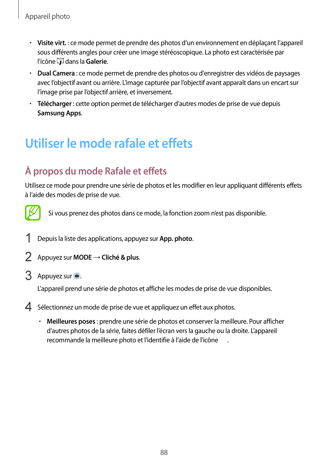 Samsung SM-G900FZDASFR Utiliser le mode rafale et effets, Propos du mode Rafale et effets, Appuyez sur Mode →Cliché & plus 