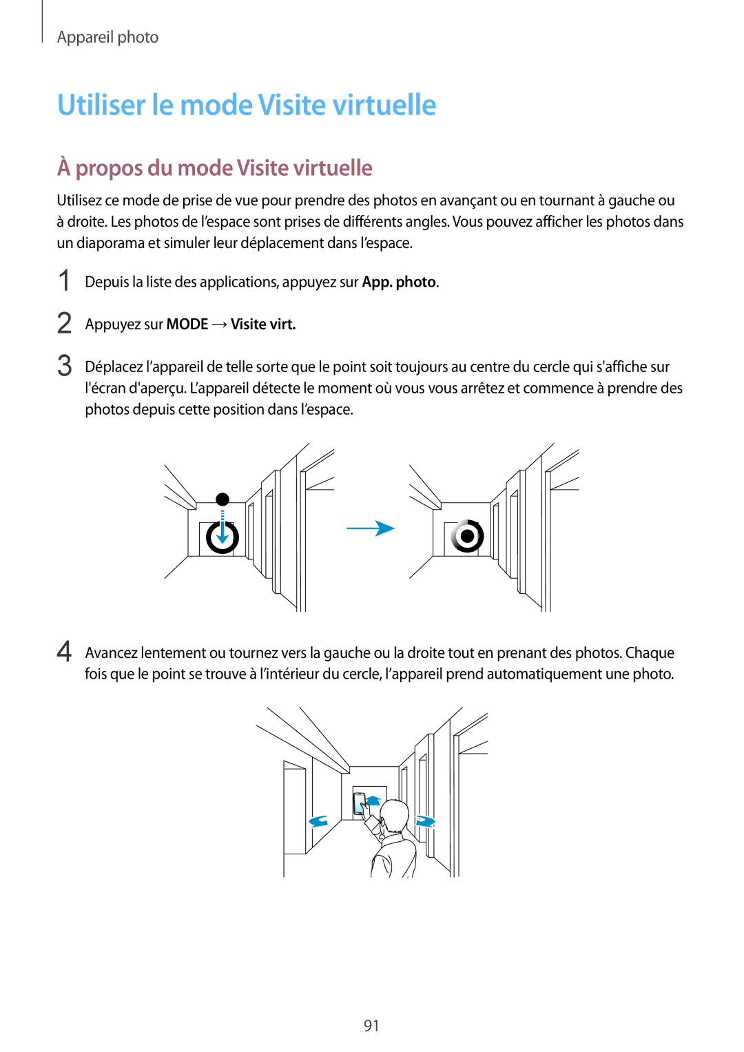 Samsung SM-G900FZKAXEF Utiliser le mode Visite virtuelle, Propos du mode Visite virtuelle, Appuyez sur Mode →Visite virt 