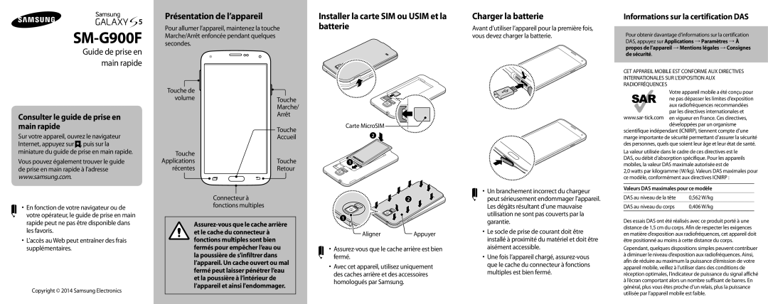 Samsung SM-G900FZKABOG, SM-G900FZWABOG manual Présentation de l’appareil, Installer la carte SIM ou Usim et la batterie 