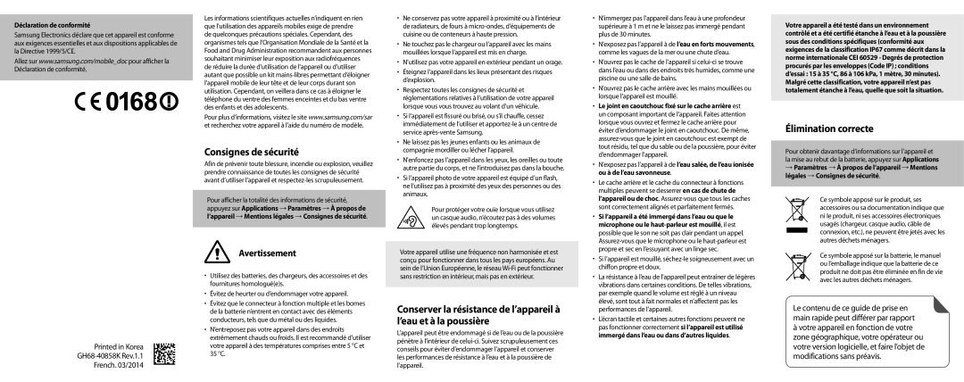 Samsung SM-G900FZBAXEF manual Consignes de sécurité, Élimination correcte, Avertissement, GH68-40858K Rev.1.1 French /2014 