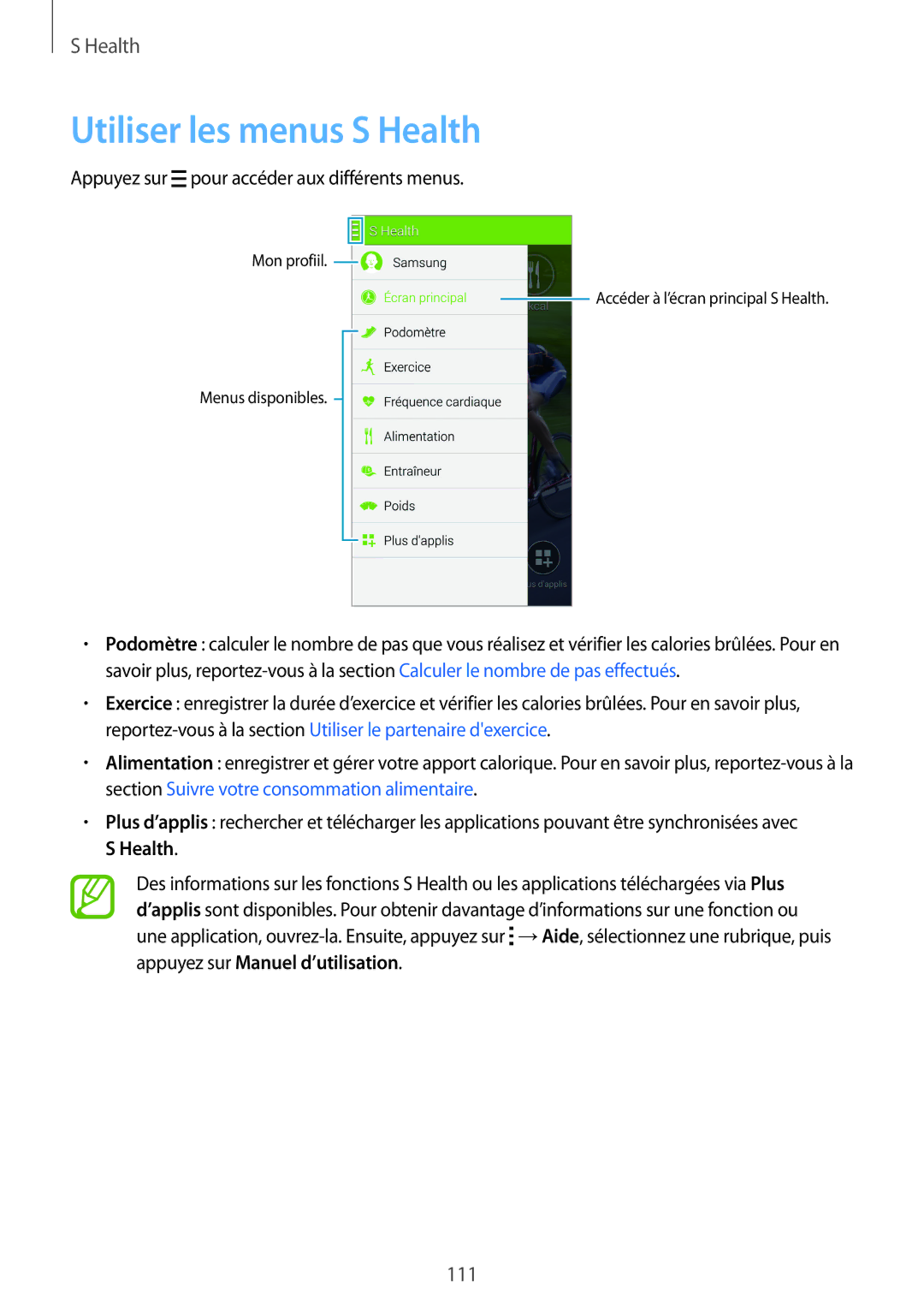 Samsung SM2G900FZWAGBL, SM-G900FZWAGBL manual Utiliser les menus S Health, Appuyez sur pour accéder aux différents menus 