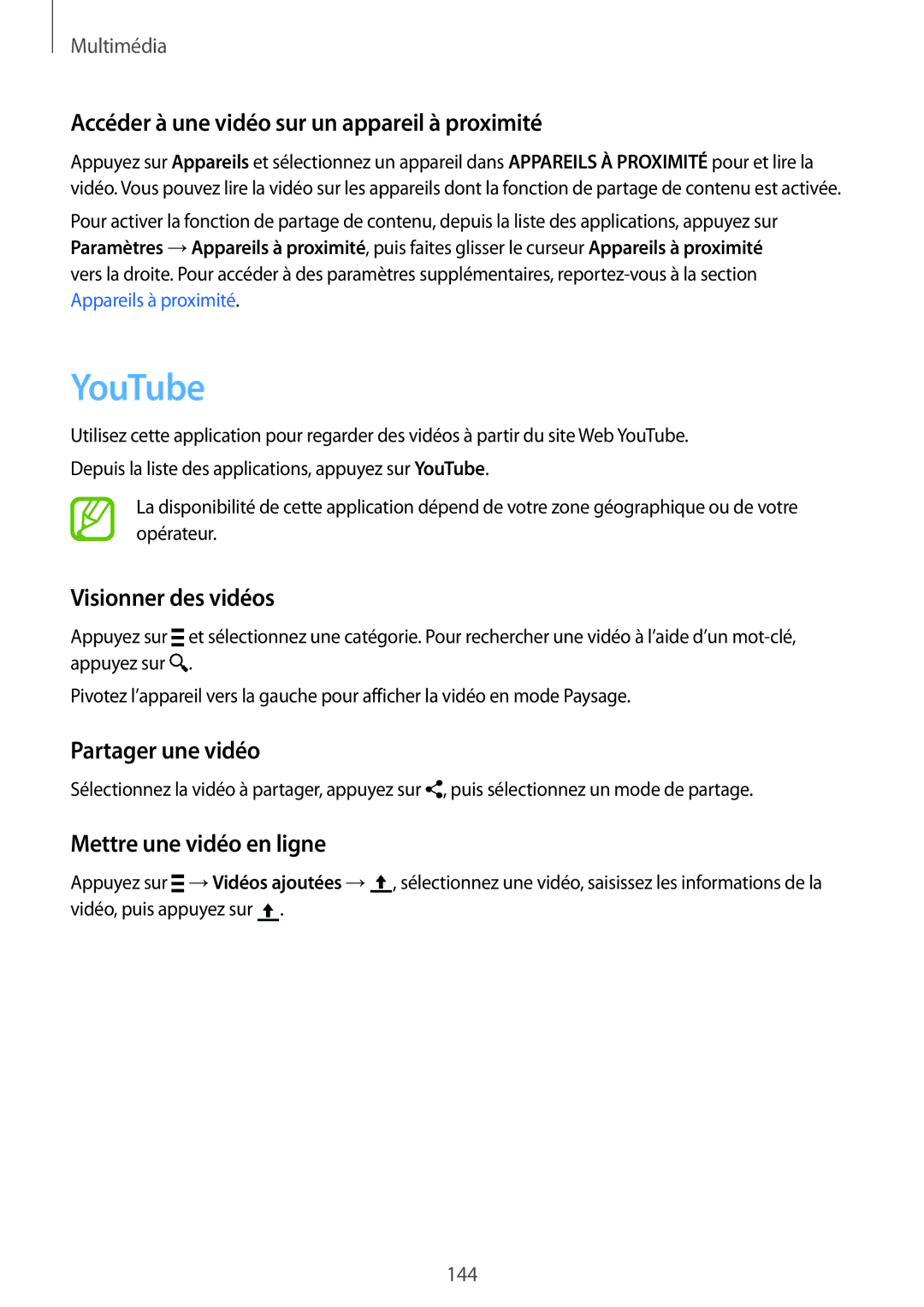 Samsung SM2G900FZDAMTL YouTube, Accéder à une vidéo sur un appareil à proximité, Visionner des vidéos, Partager une vidéo 