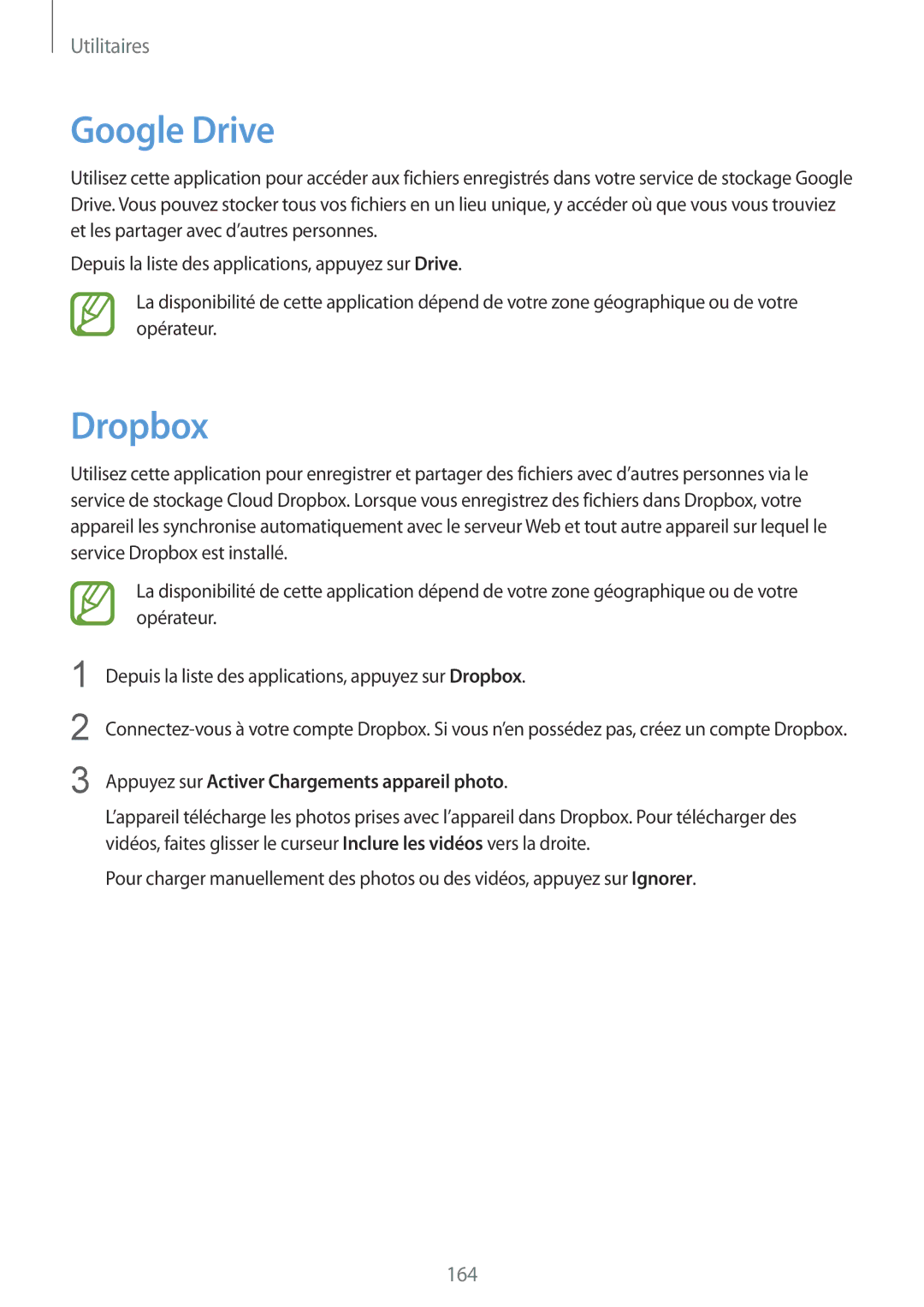 Samsung SM2G900FZDABGL, SM-G900FZWAGBL manual Google Drive, Dropbox, Appuyez sur Activer Chargements appareil photo 