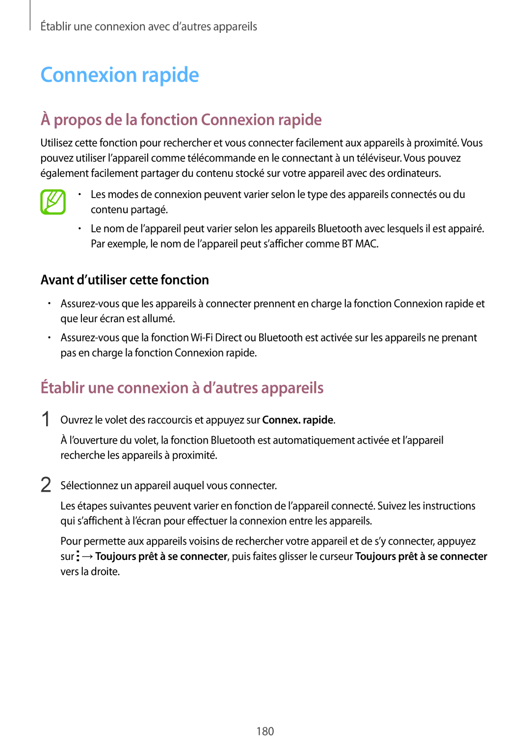 Samsung SM2G900FZKAGBL manual Propos de la fonction Connexion rapide, Établir une connexion à d’autres appareils 