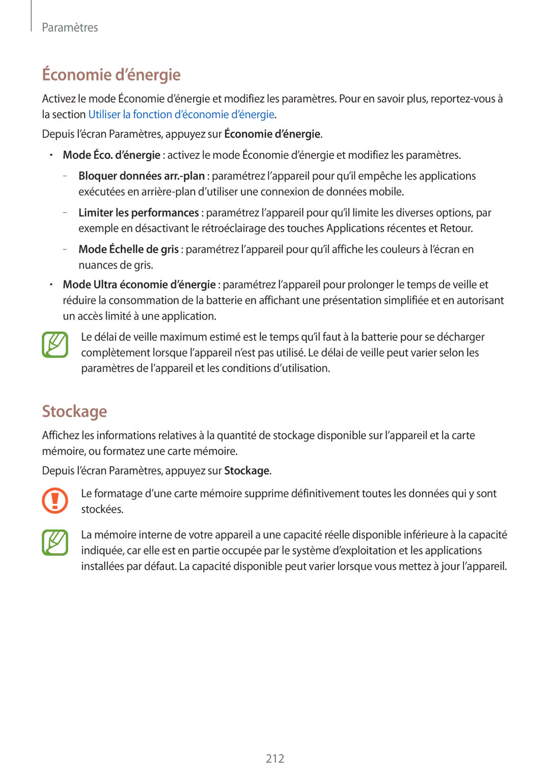 Samsung SM2G900FZDAVVT, SM-G900FZWAGBL, SM2G900FZBAGBL, SM2G900FZBAVVT, SM2G900FZKABGL manual Économie d’énergie, Stockage 