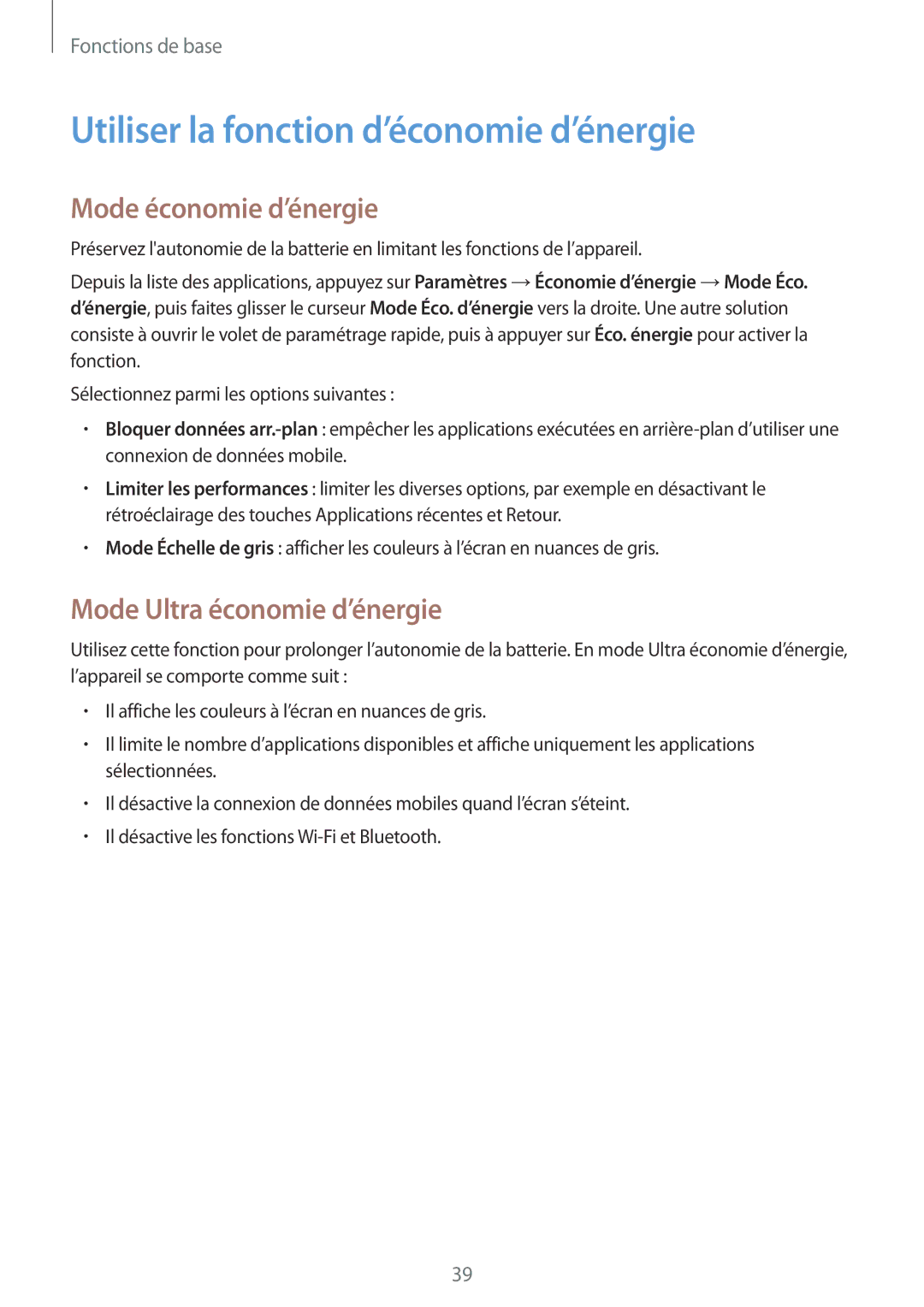 Samsung SM2G900FZKAMTL Utiliser la fonction d’économie d’énergie, Mode économie d’énergie, Mode Ultra économie d’énergie 