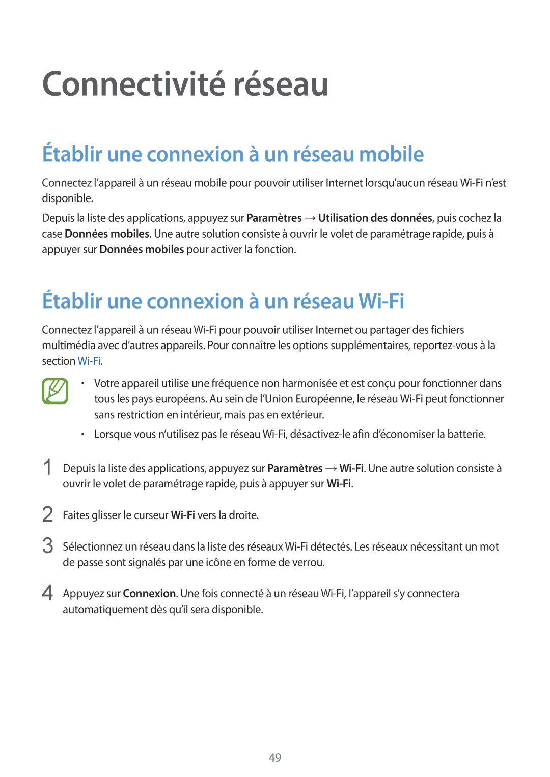 Samsung SM2G900FZBABGL, SM-G900FZWAGBL, SM2G900FZBAGBL manual Connectivité réseau, Établir une connexion à un réseau mobile 