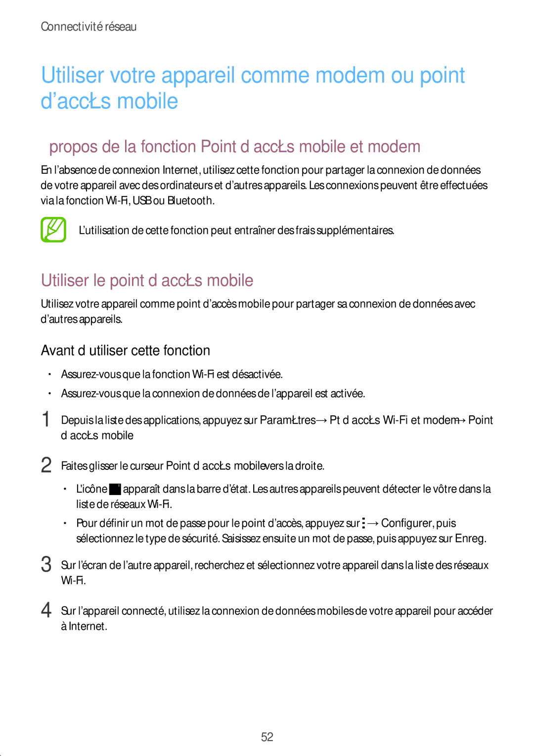 Samsung SM2G900FZDABGL manual Utiliser votre appareil comme modem ou point daccès mobile, Utiliser le point d’accès mobile 