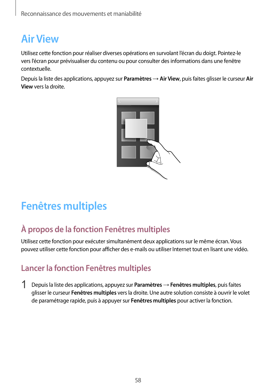 Samsung SM2G900FZBAVVT manual Air View, Propos de la fonction Fenêtres multiples, Lancer la fonction Fenêtres multiples 