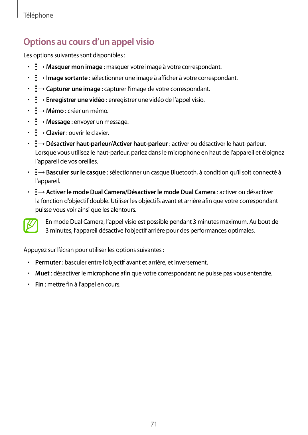 Samsung SM-G900FZKAMTL, SM-G900FZWAGBL, SM2G900FZBAGBL, SM2G900FZBAVVT, SM2G900FZKABGL manual Options au cours d’un appel visio 