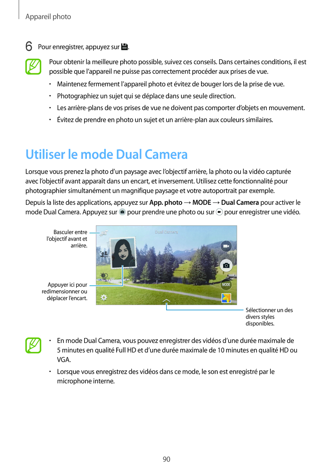 Samsung SM2G900FZWAVVT, SM-G900FZWAGBL, SM2G900FZBAGBL manual Utiliser le mode Dual Camera, Pour enregistrer, appuyez sur 