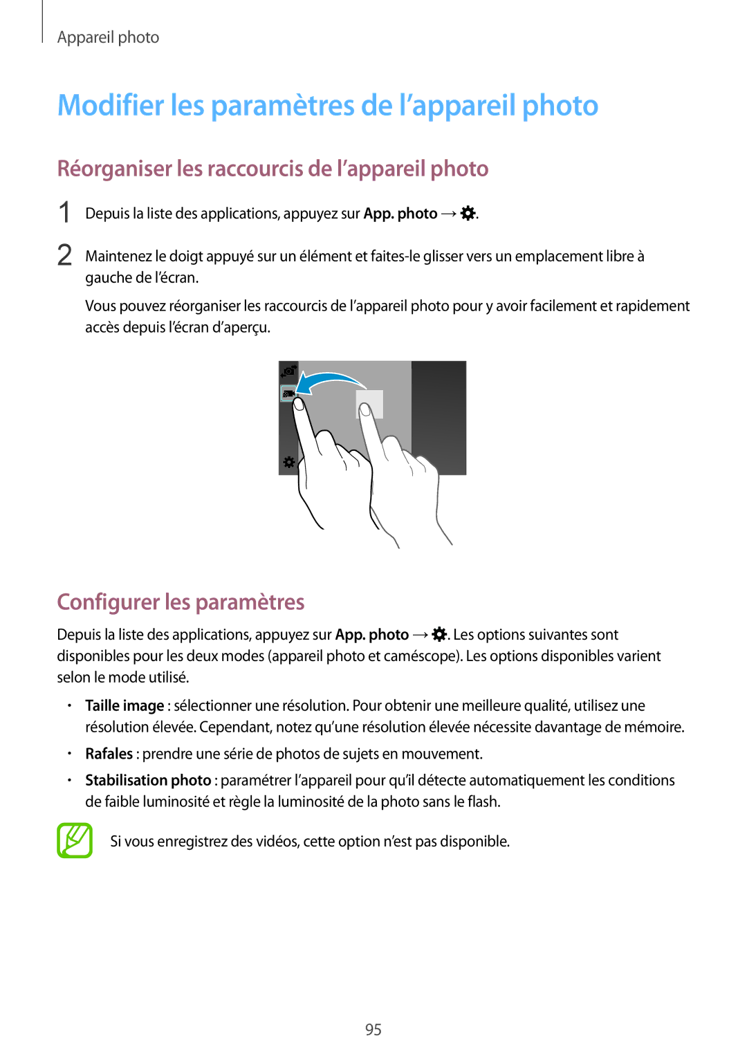 Samsung SM2G900FZKAMTL manual Modifier les paramètres de l’appareil photo, Réorganiser les raccourcis de l’appareil photo 