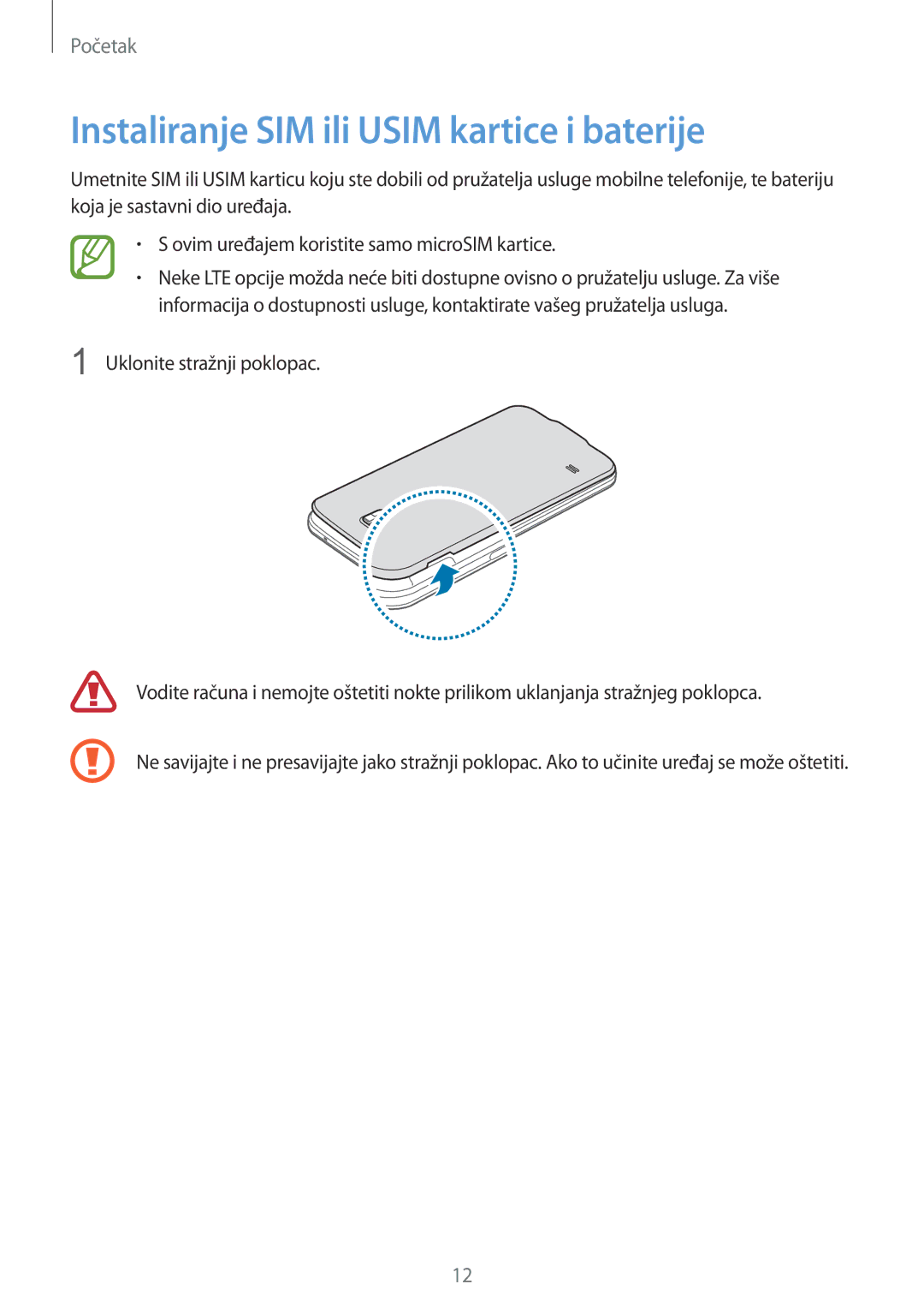 Samsung SM2G900FZDACRO, SM-G900FZWASEE, SM-G900FZBASEE, SM-G900FZDASEE manual Instaliranje SIM ili Usim kartice i baterije 